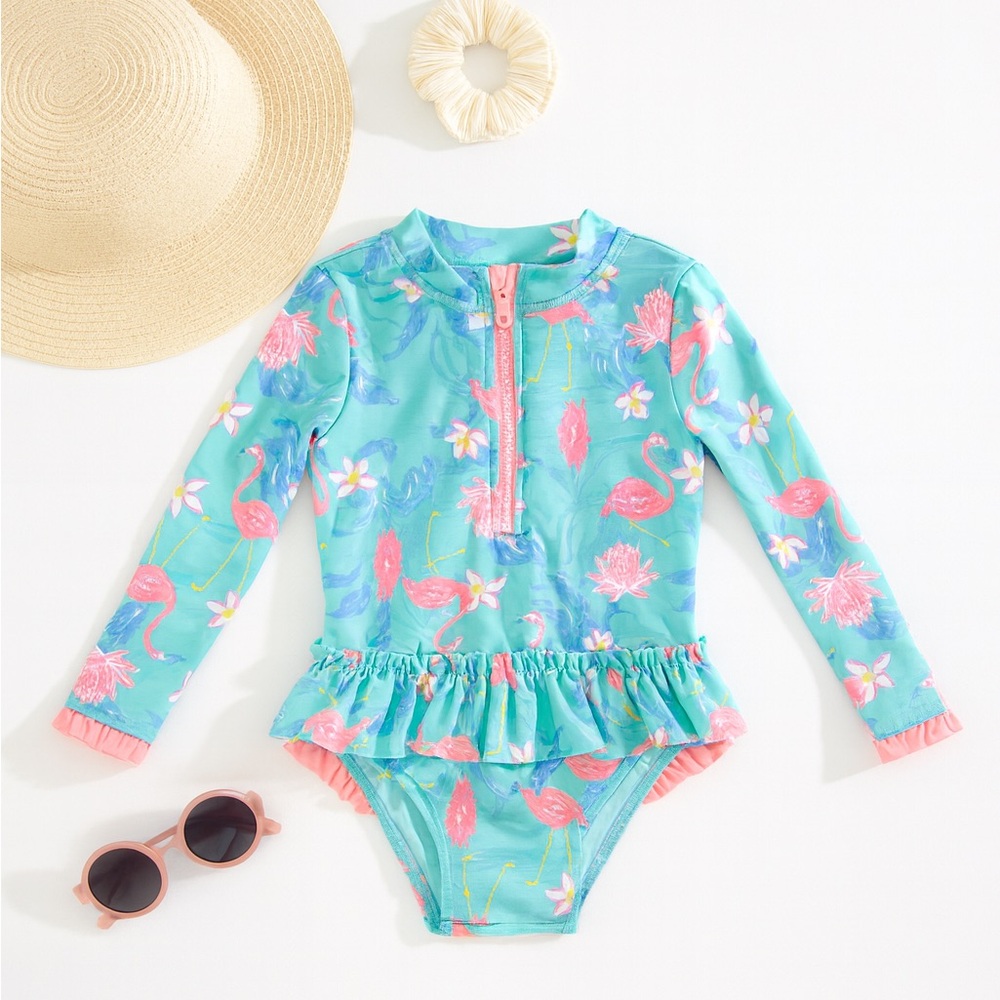 Tommy Bahama Girls 18M Long Sleeve One-Piece Swimsuit UPF Floral Flamingo Print